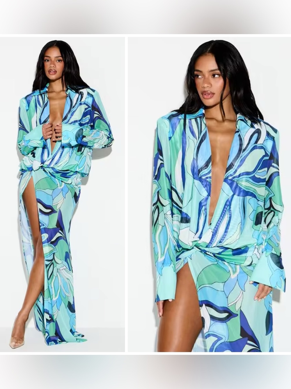 KZN Blue Green Geometric Sheer Mesh Maxi Dress Plunge High Slit Size XL NWT